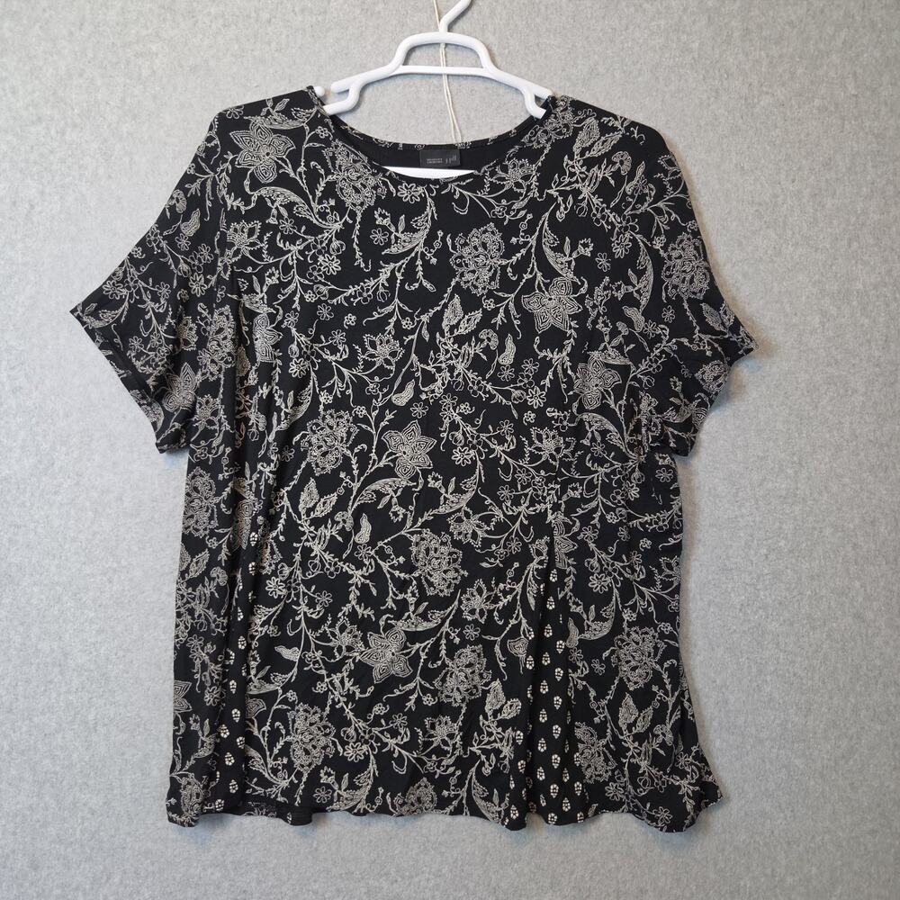 J. Jill Wearever Collection Black Casual Floral SS Blouse Plus 3X Rayon Stretch